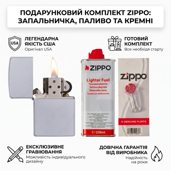 Комплект Zippo Запальничка 205 Classic Satin Chrome + Бензин + Кремені