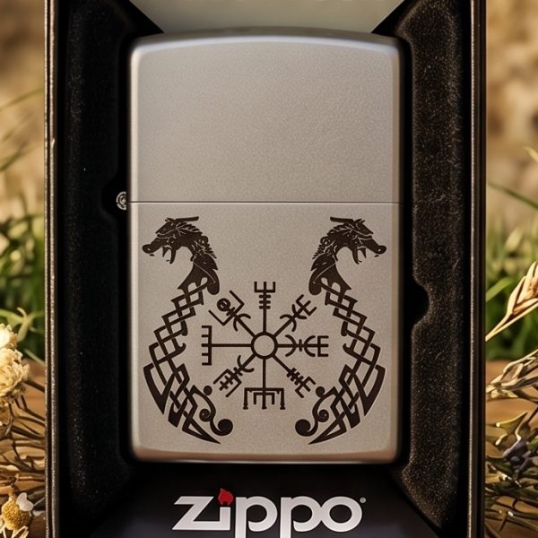 Подарункова запальничка Zippo з рунічним компасом Вегвізіра та скандинавськими мотивами переплетених драконів