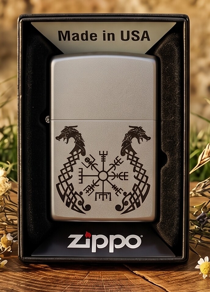 Подарункова запальничка Zippo з рунічним компасом Вегвізіра та скандинавськими мотивами переплетених драконів Подарункова запальничка Zippo з рунічним компасом Вегвізіра та скандинавськими мотивами переплетених драконів