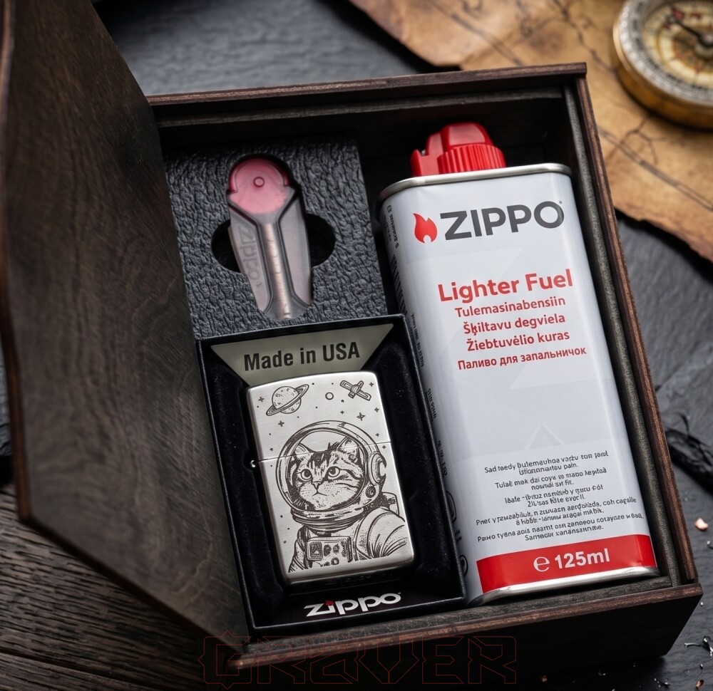 Подарунковий набір із запальничкою Zippo «Кіт-космонавт» у дерев'яній коробці Подарунковий набір із запальничкою Zippo «Кіт космонавт» у дерев'яній коробці